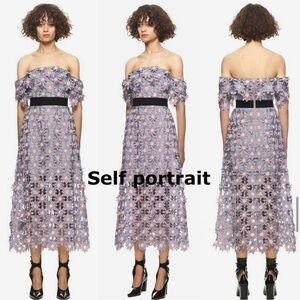 Self-Portrait Lilac Off-Shoulder Lace Midi Dress